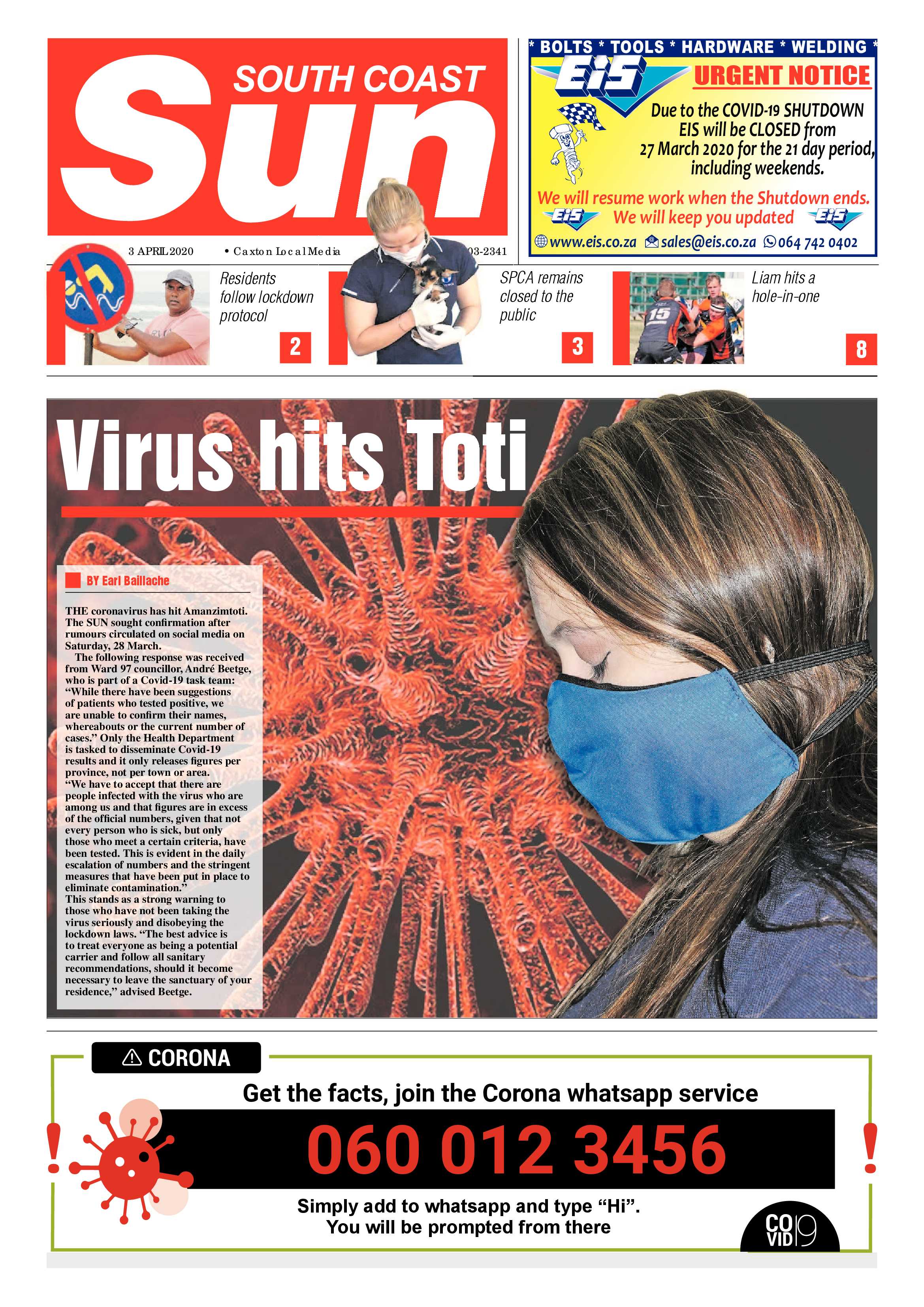 South Coast Sun 3 April 2020 page 1